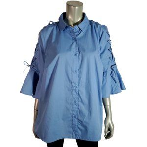 Roaman's Womens Top Plus Size 18W Lace Up Bell Sleeve Collared Button Down‎ Blue